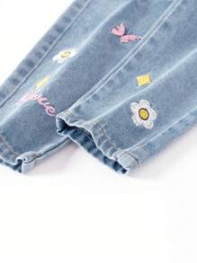Jeans bordados con flores y letras lindas para niñas jóvenes - Lavado ligero - Ver 4