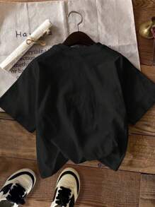 SHEIN EZwear 棉质美国国旗印花圆领短袖修身女式 T 恤，适合夏季 - 黑色 - 查看 2