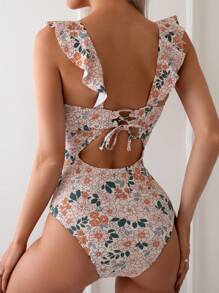 SHEIN Swim Summer Beach Ladies' Floral Print Holiday Swimsuit With Ruffle Trim And Simple  Style - Multicolor - View 2