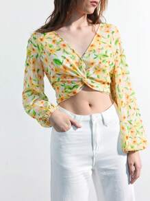 Maija 女士休闲花卉印花灯笼袖扭结短款衬衫，春夏 - 淡紫色 - 查看 3