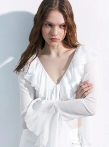 Maija Women's Casual Solid Color Ruffle Flared Sleeve Blouse, Spring/Summer - White - View 4