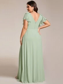 Chiffon Split Thigh Ruffle Trim Bow Shoulder Bridesmaid Dress - Mint Green - View 2