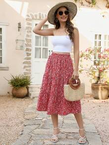 Women Elastic Waist Printed Layered Midi-Length Casual Vacation Beach Skirt - Red - View 6