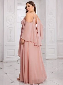 Plus Cold Shoulder Ruffle Trim Split Thigh Bridesmaid Dress - Pink - View 2