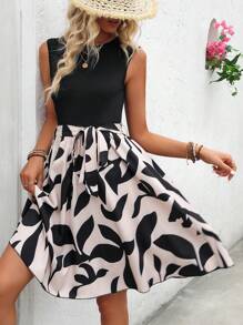 SHEIN LUNE 度假休閒植物印花拼接無袖連衣裙 - 杏色 - 查看 5