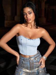 SHEIN BAE ملابس علوية بدون حمالة من الدينيم وقمم صيفية وملابس صيفية وملابس مهرجان وقمة أنبوبية.