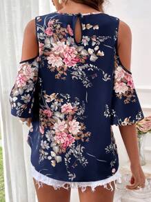 SHEIN VCAY Chemise décontractée pour femmes de style vacances, épaules dénudées, imprimé fleuri, ample et col avec trou de serrure