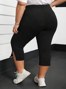 SHEIN CURVE+ Pantalones capri de talla grande de cintura alta con elástico y abertura lateral en color negro - Negro - Ver 2