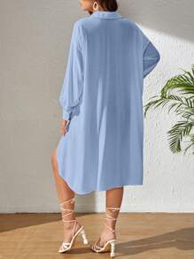 SHEIN VCAY 女士純色寬鬆落肩側開衩長衫，適用於度假和休閒，前短後長，中長款式 - 淺藍色 - 查看 2
