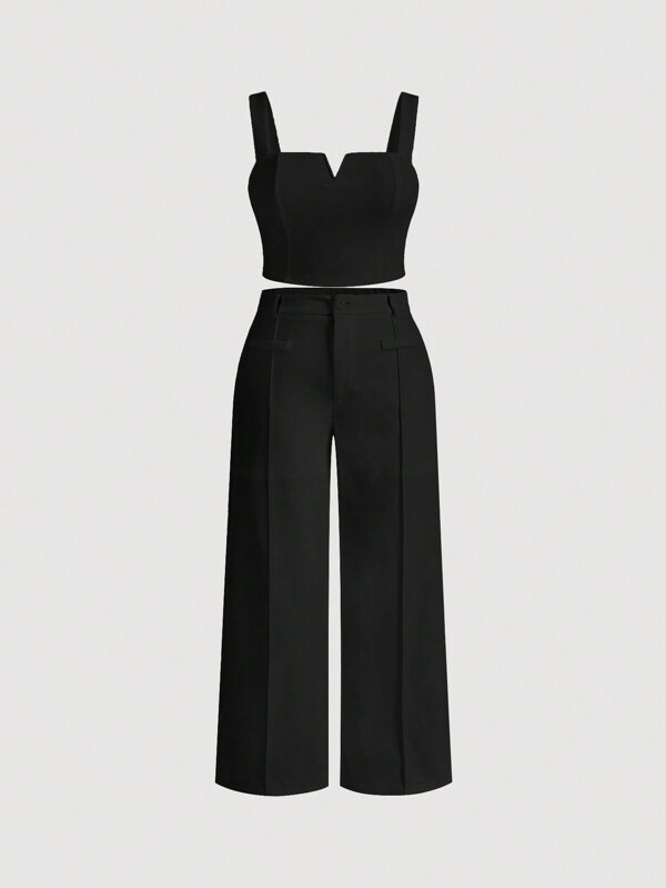 SHEIN MOD طقم مكون من قطعتين: ملابس علوية كروب باللون الصلب وسروال واسع بساق واسعة وخياطة أمامية للأحجام الكبيرة