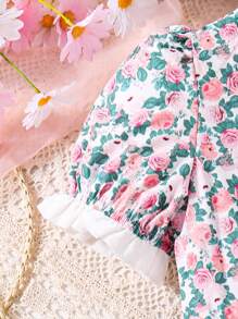 Tween Girl Ditsy Floral Print Puff Sleeve Peter Pan Collar Princess Style Dress