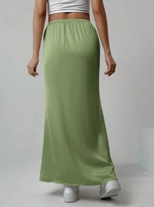 SHEIN EZwear 女士纯色包臀腰带缎面优雅裙子 - 綠色 - 查看 2