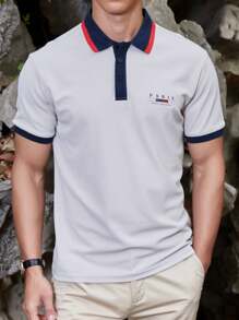 Manfinity Homme Men Simple Paris Printed Short Sleeve Polo Shirt - Light Grey - View 7