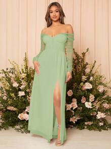 SHEIN Belle 女士露肩褶皱网眼长袖侧开叉及地伴娘婚礼派对礼服优雅新娘礼服 - 薄荷綠 - 查看 1