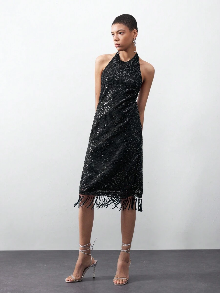 Maija Women's Fashion Shiny Halter Backless Dress For Summer - Black - View 1