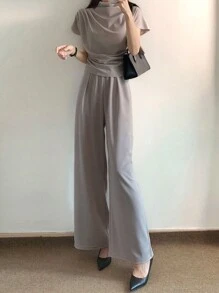 DAZY Women Solid Color T-Shirt And Long Pants Set, Women Two Pieces Sets Short Sets For Women - Grey - View 5