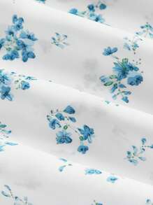 SHEIN MOD Váy hai dây buộc xếp nếp in hoa cỡ lớn Ditdy cho mùa hè - Xanh và trắng - Xem 4