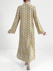 Al Najma All-Over Printed V-Neck Bell Sleeve Arabian Dress - Yellow - View 2