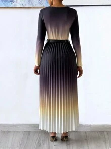 SHEIN Lady Spring Elegant Gradient Color Pleated Long Dress With Waistband