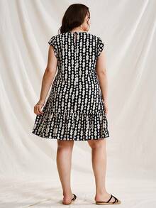 Dreamara Plus Size Apricot And Dark Blue Geometric Circle Neck Cap Sleeve Dress With Ruffle Trim, Romantic And Casual Holiday A-Line Plus-Size Mini Dress - Multicolor - View 6