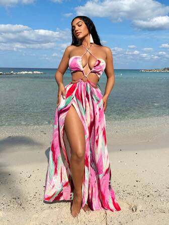 SHEIN SXY Women Tie Dye Printed Hollow Out Cross Halter Split Maxi Dress For Beach Vacation