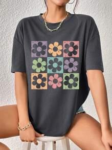 INAWLY Women Summer Floral Print Round Neck Short Sleeve Casual T-Shirt Graphic Tees Women Tops