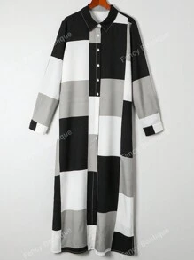 Vestido largo con botones, de manga larga y con bloques de color, cuello con solapa, para mujer. Camisa casual de mujer de manga larga dividida, con cuello, ajuste regular, de múltiples colores, para uso diario casual en primavera/otoño