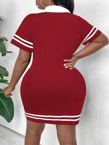 Maweii Plus Size Women Summer Short Sleeve Bodycon Dress With Turn-Down Collar, Letters And Stripes Print, Color Block Design - Burgundy - View 2