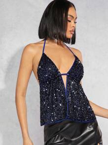 Hauture Sexy Party Contrast Binding Tie Backless Sequin Halter Top