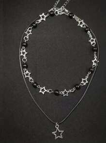 ROMWE Goth 2入組波西米亞風格簡約假珍珠中空五角星魅力鎖骨項鍊套裝，時尚星形和圓形珠串項鍊，適合女性 - 黑色 - 查看 2