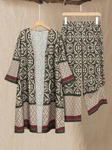 EMERY ROSE 大码复古印花休闲度假外套和裤子两件套 - 彩色 - 查看 1