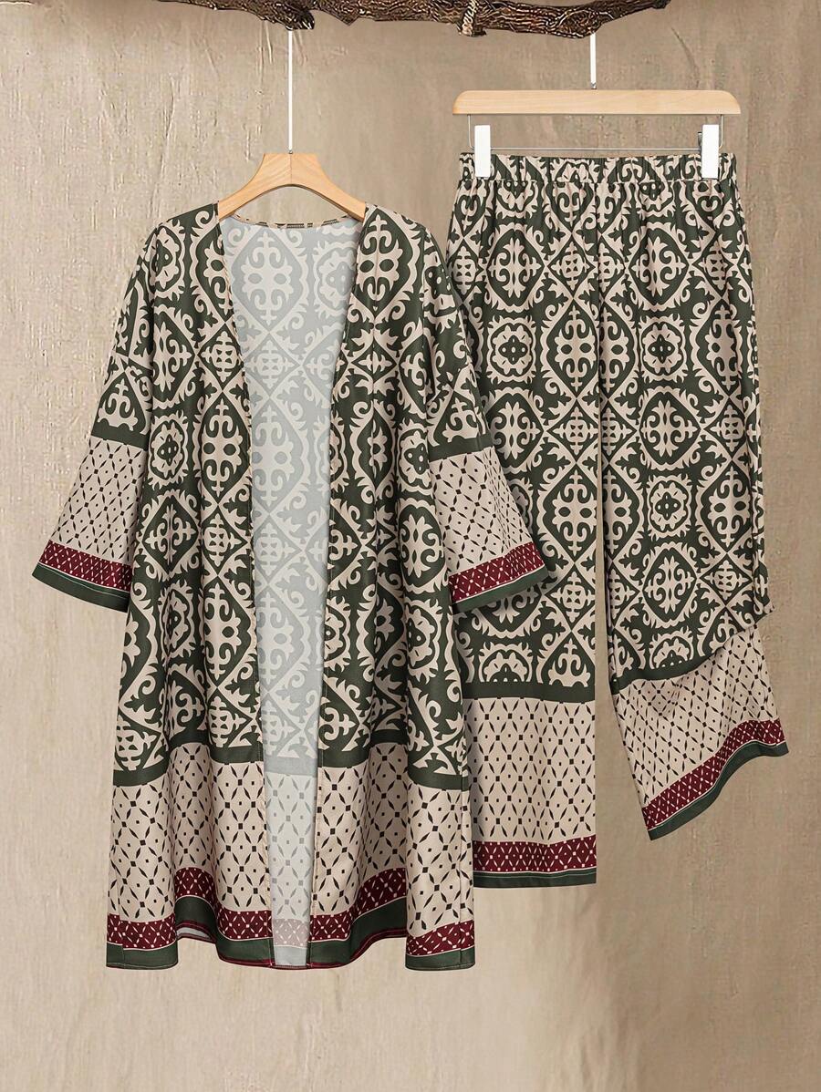 EMERY ROSE 大码复古印花休闲度假外套和裤子两件套 - 彩色 - 查看 1