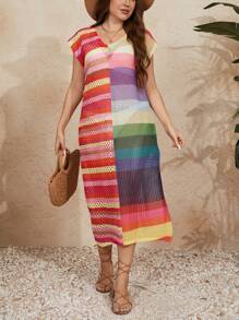 SHEIN Clasi Plus Size Women Striped V-Neck Batwing Short Sleeve Hollow Out Loose Straight Sweater Dress For Summer Vacation - Multicolor - View 1