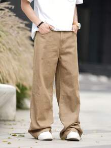 Manfinity EMRG Jeans simples de unicolor para uso diario para hombres - Caqui - Ver 3