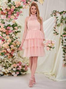 Vestido de cóctel de fiesta con múltiples capas de malla y volumen, trajes a juego para mamá y yo (2 piezas se venden por separado) - Rosa - Ver 6