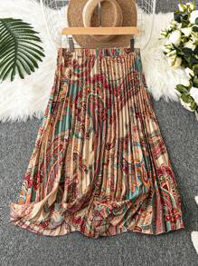SHEIN Clasi Plus Size Women's Vintage Style Pleated Detail Skirt - Apricot - View 2