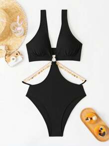 SHEIN Swim 女士露腰连体泳衣，适合游泳、度假和夏季海滩 - 黑色 - 查看 3