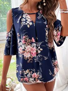 SHEIN VCAY Chemise décontractée pour femmes de style vacances, épaules dénudées, imprimé fleuri, ample et col avec trou de serrure