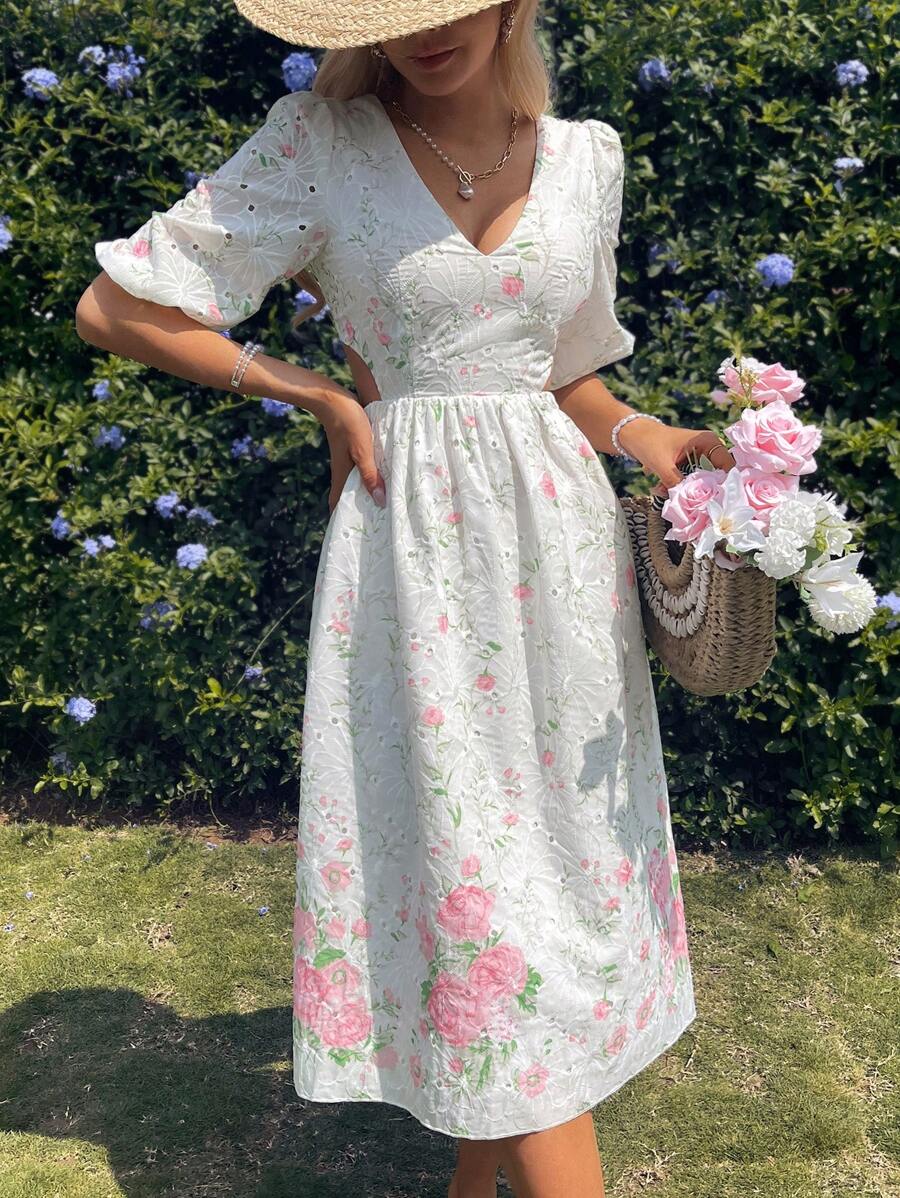 Breezaya Vestido elegante bordado con impresión de posición, cuello en V con manga acampanada y cintura descubierta - Multicolor - Ver 1