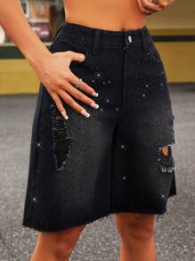 SHEIN ICON Quần Short Denim Màu Đen Gợi Cảm Cho Nữ Với Chi Tiết Rách, Viền Sờn Và Trang Trí Ngọc Giả - màu đen - Xem 2