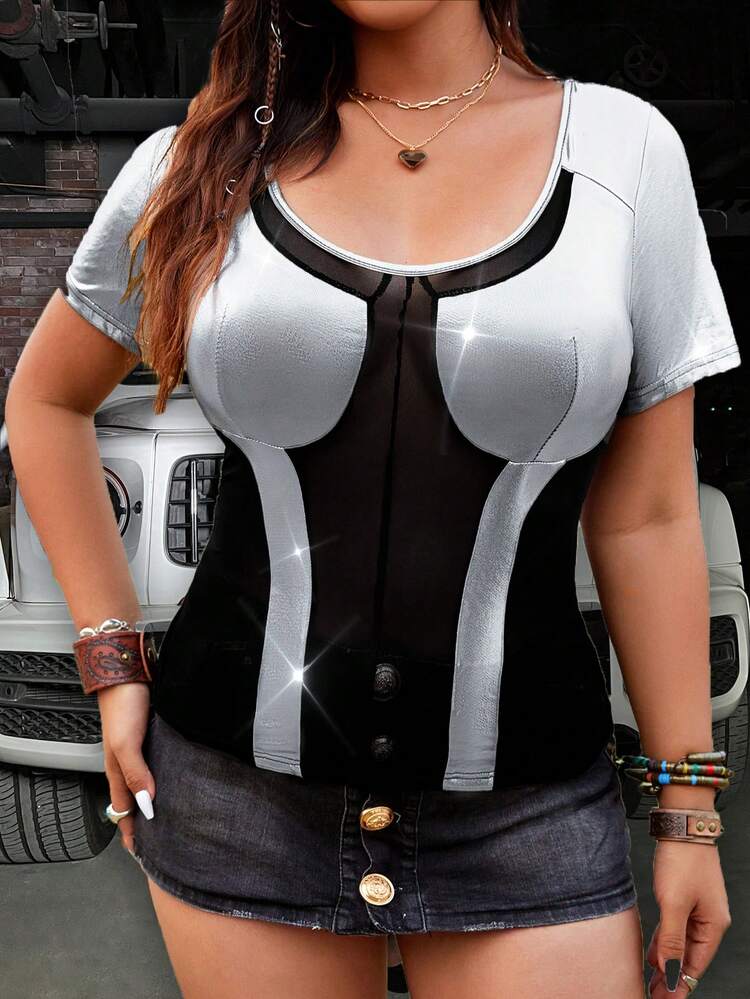 Plus Size Mesh Splice Colorblock T-Shirt