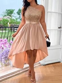 Cravure Women Glitter Decorated Oblique Shoulder Ruffle Design Dress Maxi Women Outfit Wedding - Champagne - View 6