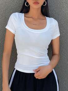 DAZY Solid Color Slim Fit Women Tee With Large Round Neckline Summer