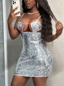 Slaydiva Women Dresses Backless Kontras Sequin Memotong All Over Print Seksi Pesta - Perak - View 4