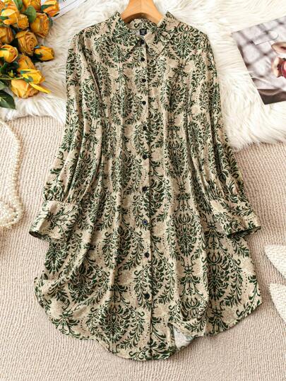 SHEIN LUNE Plus Size Full-Frame Printed Fashionable Casual Long Sleeve Shirt Dress Fall Cloth For Women