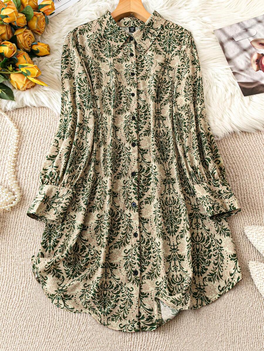 SHEIN LUNE 大码全框印花时尚休闲长袖衬衫裙 - 綠色 - 查看 1