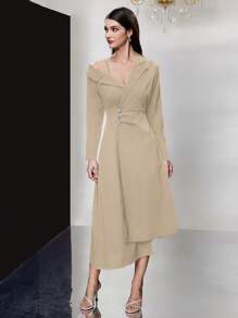 Modelyn Women Simple And Elegant Spring/Summer Solid Color Asymmetrical Collar Long Sleeves Dress With Waist Pleats - Khaki - View 6