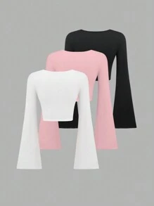 Sweetra Camiseta de mujer con manga acampanada corta de unicolor de moda
