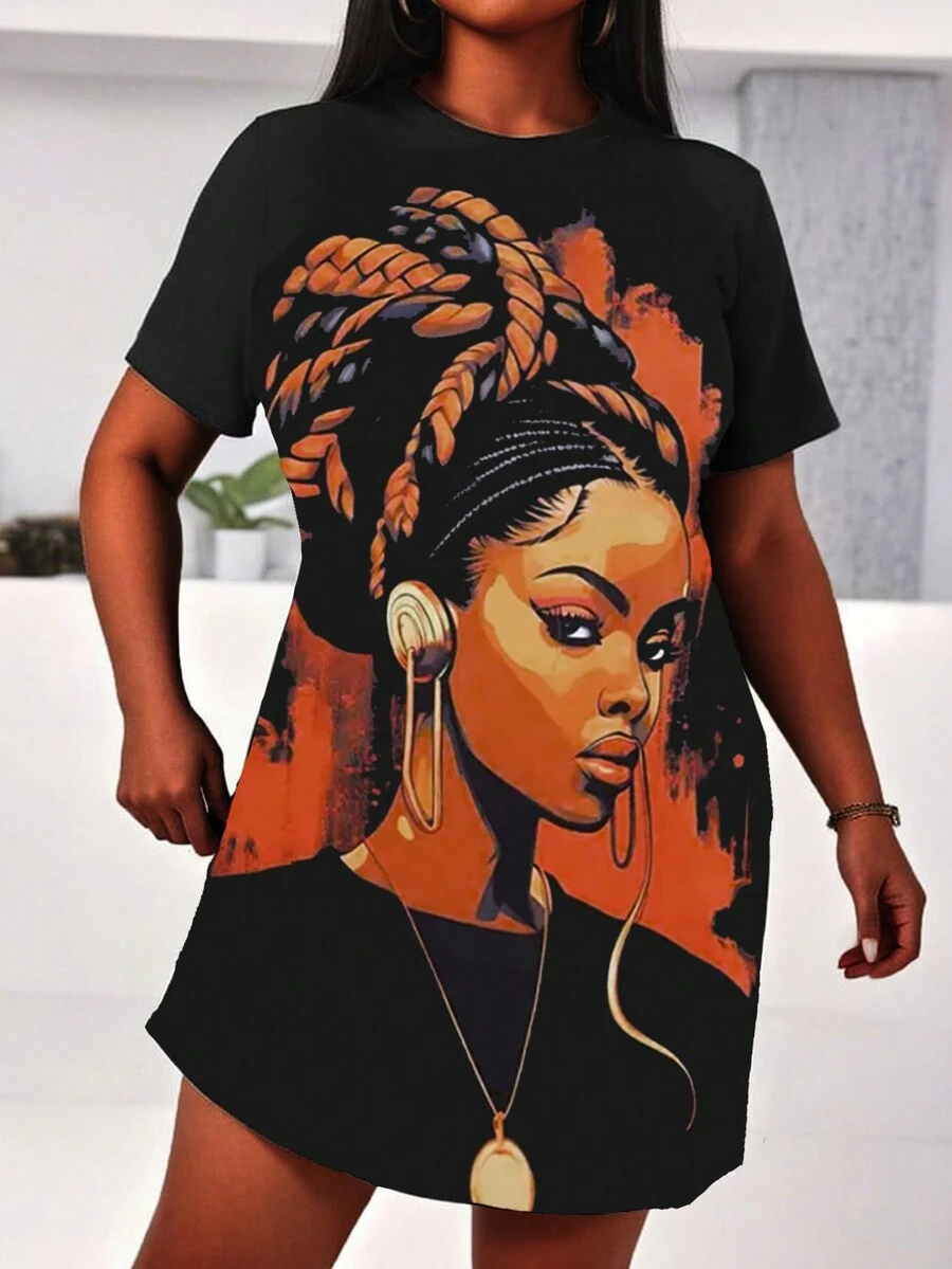 Maweii Plus Size Women Fashion Figure Printed Dress - Black - View 1