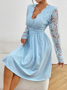 SHEIN Privé Váy hở lưng phối ren dài tay thanh lịch cho nữ mùa xuân hè - Màu xanh lam - Xem 4